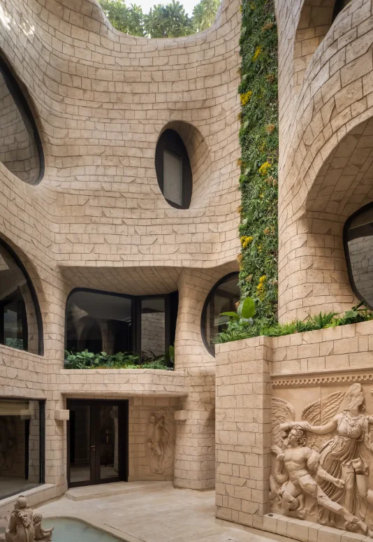 Atrium courtyard interior with stone walls and vertical garden