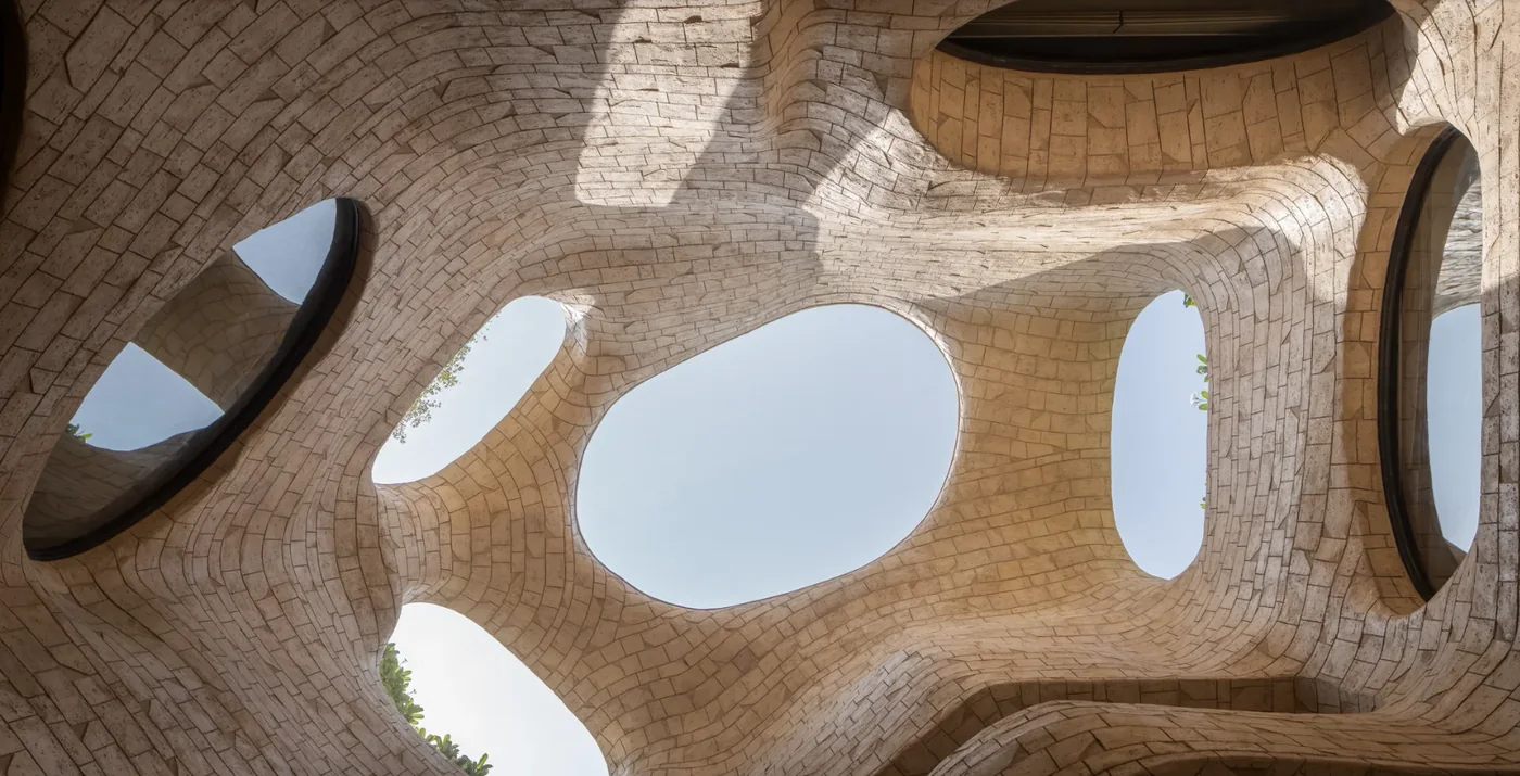 Atrium vaulted ceiling with organic skylight openings
