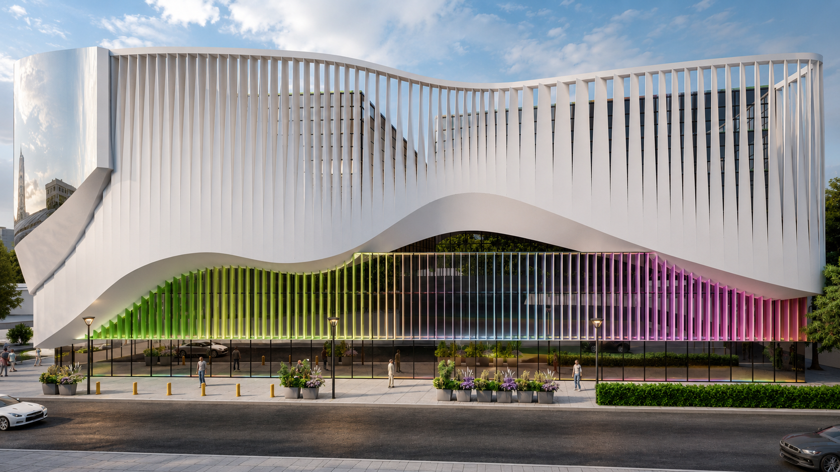 The Mather Square facade retrofit front elevation with white fins and colored lower facade