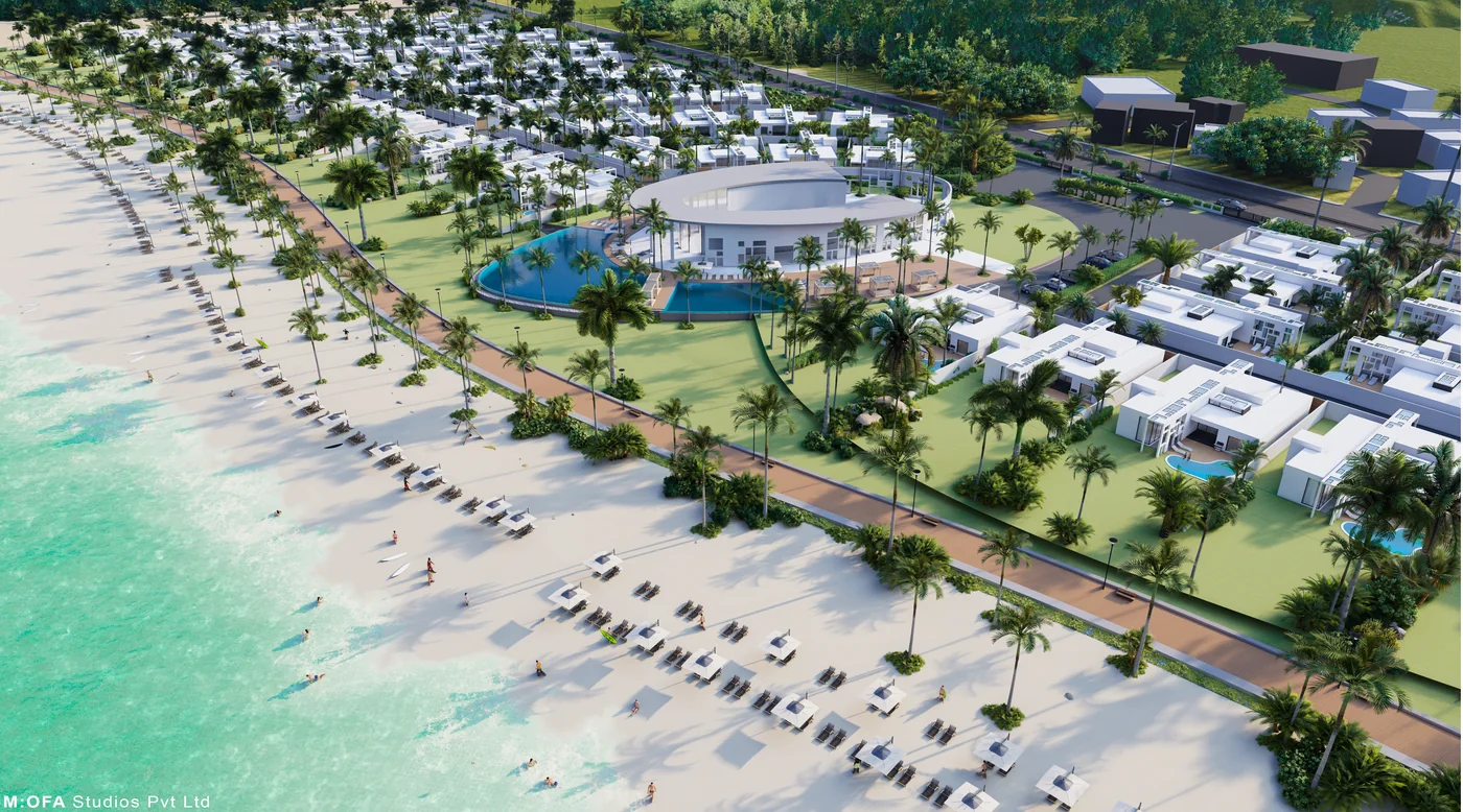 Beachfront aerial rendering of Villa Complex