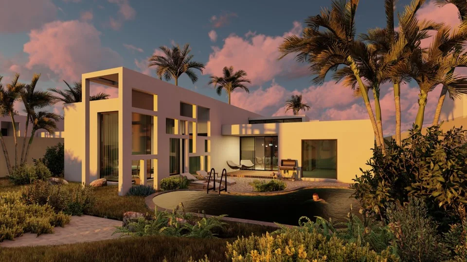 Evening rendering of a Villa Complex residence with pool
